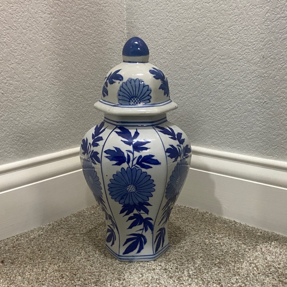 Blue and White Floral Ceramic Jar